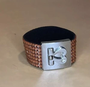 Interlocking Heart Clasp Rhinestone Copper Tone Bracelet Stainless - Picture 1 of 5