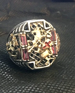 10 Karat gold Saint George/Dragon Garnet  Mens ring sterling silver. Lge. - Picture 1 of 9