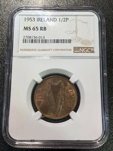 1953 MS65 RB Ireland 1/2 Penny Half UNC Eire KM 10 NGC Piglets - Picture 1 of 2