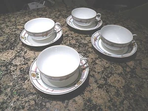 Set of 4 Vintage Nippon Hand Multi Painted Tea Cups & Saucers Boat & Landscape - Picture 1 of 5