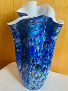 HANDKERCHIEF VASE KROSNO MADE IN POLAND HAND BLOWN MARBLE BLUE 14.5 inches  - Picture 1 of 1