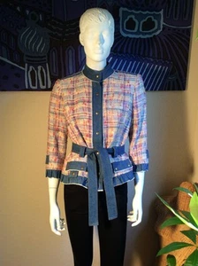 Equivoque Paris Multicolor Tweed Cotton Denim Accent Ruffles Belt Jacket Size 42 - Picture 1 of 21