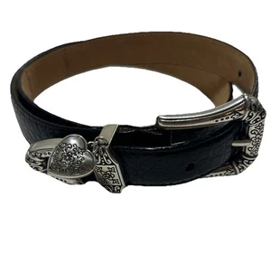 Cintura Brighton pelle nera argento goffrato fibbia western cuore charm taglia L 34 - Foto 1 di 11