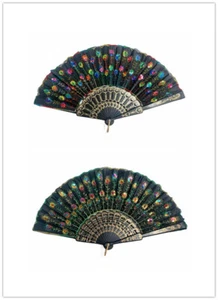 Handmade Multi-Color Embroidered Peacock Pattern Sequin Fabric Hand Fan - Picture 1 of 11