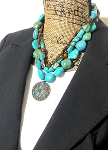 Collar Vintage Imitación Turquesa Multi Hilos Distintivo Tono Plata Colgante - Imagen 1 de 10