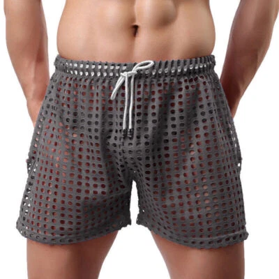 Sexy Hombres Lencería Malla Transparente Suelta Salón Boxer Pantalones Cortos Ropa Interior Prendas para dormir Foto 1 de 4