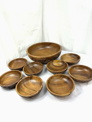 Vtg Hand Carved Wooden Salad Bowl 8 Matching Bowls Tropical Village Wood FreShip - Image 1 of 4