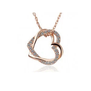 Double Heart Necklace Crystal Rhinestone Chain Pendant - Golden - Picture 1 of 5