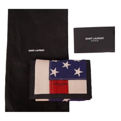 NEW $255 SAINT LAURENT Red White Blue AMERICAN FLAG Canvas Small Tri-Fold WALLET - Image 1 of 4