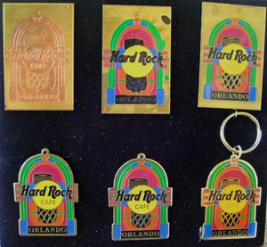 ORLANDO WURLITZER 6 JUKEBOX KEYCHAIN PROTOTYPE PROCESS SET Hard Rock Cafe BOARD - Picture 1 of 3