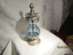 Vintage Blue Cut Glass Quilt Pattern 10" Tall w/Ornate Cast Iron Top & Stand - Picture 1 of 7