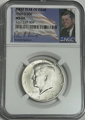 1964 D NGC MS67 Silver Kennedy Half Dollar First Year Issue JFK Coin Signature - Image 1 of 3