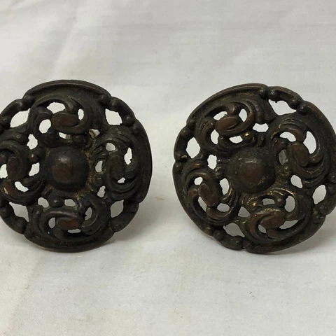 2 Vintage Ornate Metal Drawer Knobs w/Screws DIY Hardware Cover