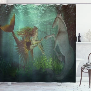 Mermaid with Seahorse Underwater World Fantasy Design Fabric Shower Curtain - Picture 1 of 2