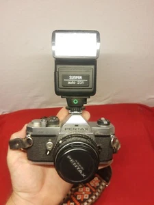 Vintage schöne Asahi Pentax-M SMC MX 50mm mit Abdeckung, Sunpak Blitz, Gurt 35mm Kamera - Bild 1 von 11