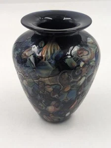 1999 Robert Eickholt Art Glass Studio Signed Vase Deep Blue Multicolor 6.5" - Picture 1 of 12