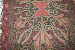 Antique Wool Art Nouveau Throw Tablecloth Red Black Paisley European 50"x54" - Picture 1 of 4