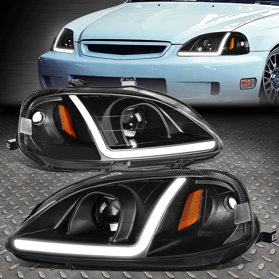 [LED DRL]FOR 99-00 HONDA CIVIC BLACK HOUSING AMBER CORNER PROJECTOR HEADLIGHTS - Image 1 of 4