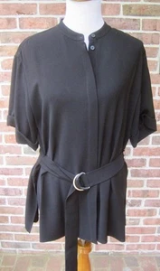 Lafayette 148 New York Alyse Black Crepe Belted Blouse Short Sleeves Size L - Picture 1 of 12