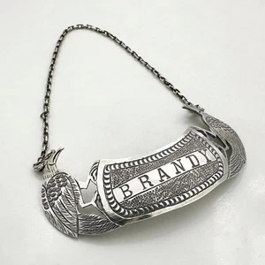 ANTIQUE BRANDY DECANTER LABEL BIRDS SILVER PLATE Unmarked - Picture 1 of 4