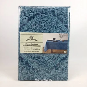 Bee & Willow Laminated Fabric Tablecloth 60 x 84" Rectangle Blue Etched Chambray - Picture 1 of 4