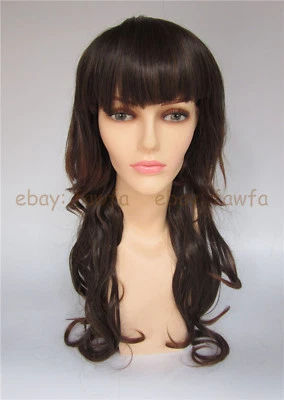 Lo último Mujeres Mezcla Marrón Clásico Largo Ondulado Rizado Flequillo Completo Juegos con disfraces Pelucas Completas de Cabello Foto 1 de 3