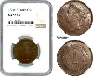 AI371, Straits Settlements, Victoria, 1 Cent 1874 H, Heaton Mint, NGC MS60BN - Picture 1 of 1