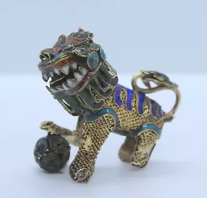 Antiker chinesischer Emaille & Messing Foo Hund zart filigran beweglicher Kopf Anhänger - Bild 1 von 13