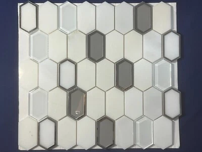 S12 White/Grey/Silver Marble Glass Hexagon Mosaic Tile Kitchen Bathroom 7 sheets - Image 1 of 4