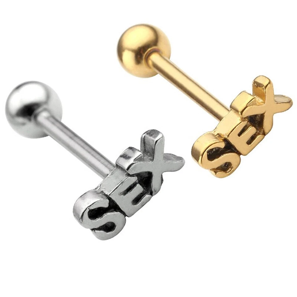 316L Acciaio Inox Lingua Barbell Scritta Sex Argento Oro Donna Uomo - Immagine 1 di 1