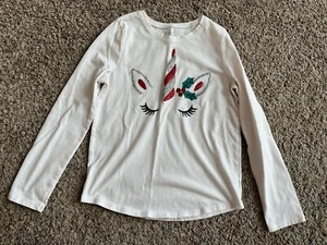 Jumping Beans Softest Tee Girls Cream Christmas Unicorn Size 8 Long Sleeve - Picture 1 of 4