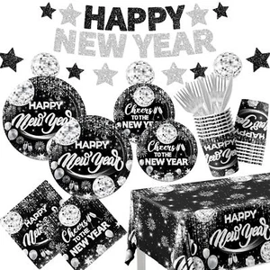Happy New Year Tableware142pcs Sliver Black New Years Plates and Napkins and ... - Picture 1 of 6