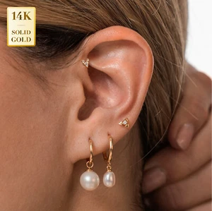 Piercing de pendiente plano minimalista en forma de V de oro macizo de diamantes REALES 14K 18G - Imagen 1 de 4