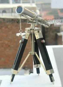 Telescopio de latón plateado trípode de madera soporte marítimo náutico decoración de escritorio vintage - Imagen 1 de 4