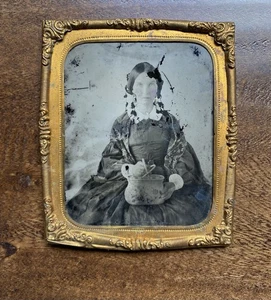 Tintype Woman Holding a Woven Basket with Handles & Floral Design Antique Photo - Picture 1 of 15