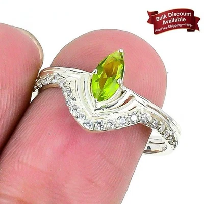 Peridot Gemstone Solid Silver Engagement August Birth Boho Cluster Ring Size 9 - Image 1 of 4