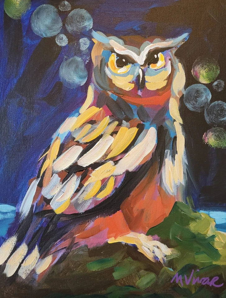 Оригинальная красочная картина сова в стиле импрессионизма MONA VIVAR 11x14 - Изображение 1 из 1
