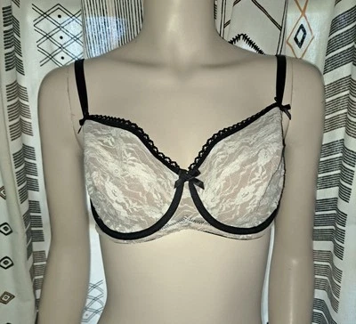 Sujetador de encaje Gilligan & O'Malley 34D negro marfil con aros lazos sin forro Foto 1 de 4