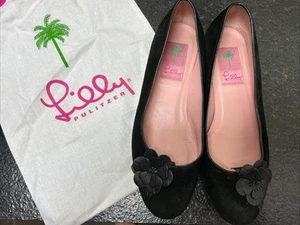 Lilly Pulitzer womens black suede ballet flats with leather flower size 7 - Picture 1 of 5