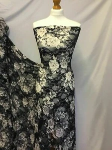 NEW Designer Multicoloured Stretch Floral Print Lace Fabric 60’’153cm Navy Ivory - Picture 1 of 7