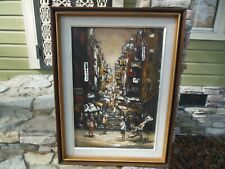 Vintage Asian Painting Street Scene Authentic Signed 36" x 26.5"