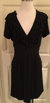Max & Cleo L Black Ruffled V Neck Dress W Short Sleeves & Pockets - Image 1 of 4