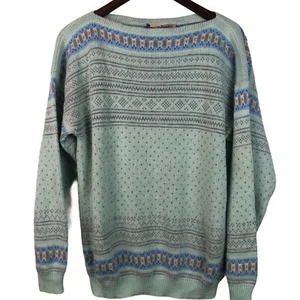 VTG Diane Von Furstenberg Large Acrylic Sweater Mint Green Pastel Fair Isle - Picture 1 of 6
