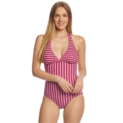 ¡NUEVO CON ETIQUETAS! Traje de baño ANNE COLE rosa a rayas halter de una pieza TALLA 12 Foto 1 de 4