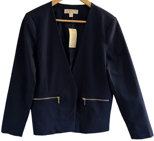 Giacca corta Michael Kors Real Navy aperta oro tasche zip professionale 12 NUOVA!