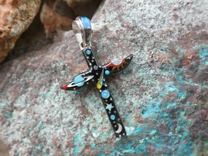 Totem Pole Cross Micro Inlay Multi Gemstone Opal Sterling Silver Pendant P88 - Picture 1 of 8