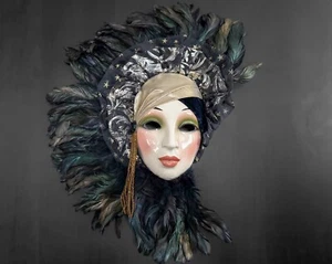 Clay Art 19" Green Black Gold Feathered Musical Face Mask San Francisco SF USA  - Picture 1 of 12