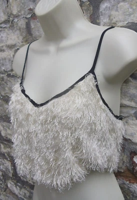 Top Shop Petite Strappy Cream Faux Fur Crop Top.Scoop Neck Black Trim UK 10 - Image 1 of 4