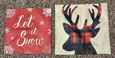 NEW Winter Pillow Covers Plaid Deer Let It Snow Zippered 17.5” & 19.5” Set of 2 - Image 1 of 2