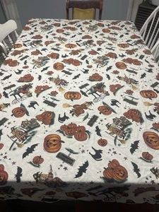 Primitive Halloween Tablecloth Rectangle 100% Cotton Witch Pumpkin Bat 78” X 57” - Picture 1 of 6